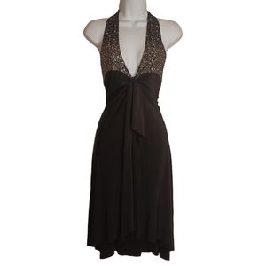 OATT Silver Metallic Sequin V Neck Halter Open Back Black Stretchy Dress Small